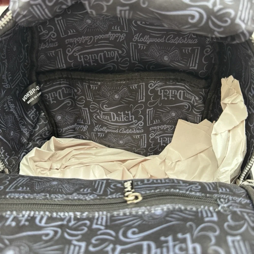 Von Dutch Sticker Logo Backpack Black Faux Leather Y2K VDKBP-028 NWT